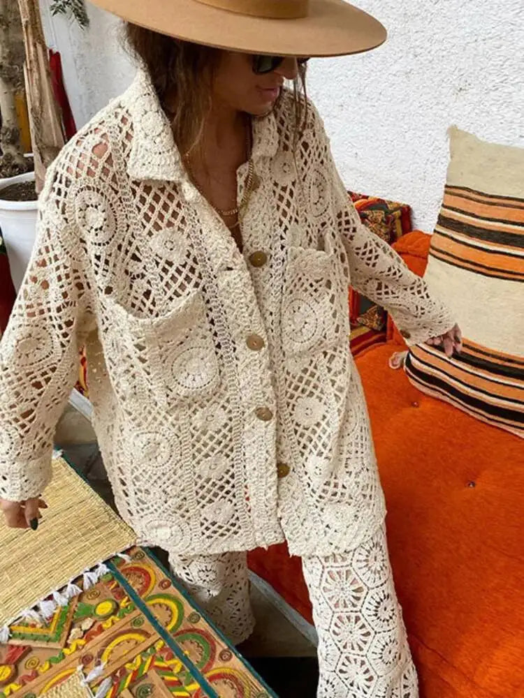 LGRQ 2025 Women’s Spring & Summer Lace Hollow-Out Shirt – Turn-Down Collar, Full Sleeve, Single-Breasted Fashion Top