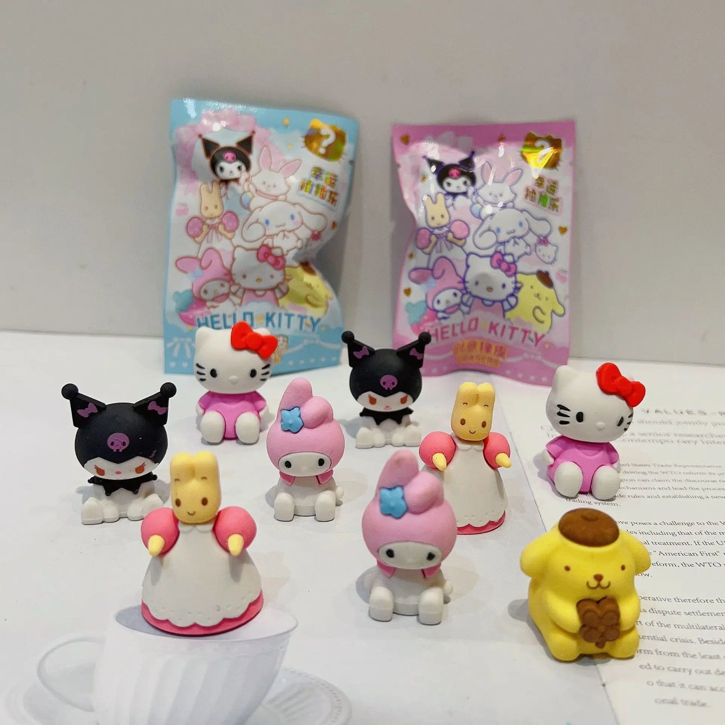 32pcs Blind Box Cartoon Erasers — Cute Kitty, My Melody & Kuromi KT Cat Mystery Box, Fun Stationery for Students & Birthday Gifts
