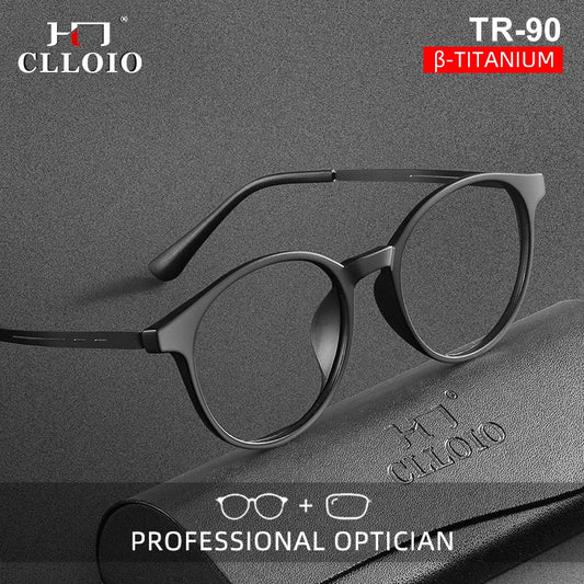 CLLOIO Ultra-Light TR90 Round Blue Light Blocking Reading Glasses, Unisex Titanium Frame for Myopia & Hyperopia Prescription Eyewear (+1.56)