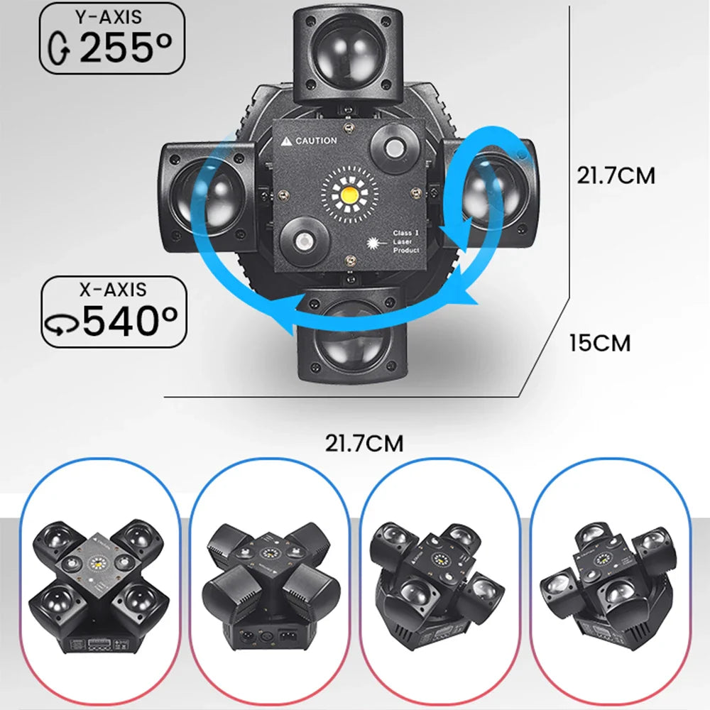 48W 4-Arm Mini Moving Head DJ Light – RGBW LED Disco Strobe with DMX512 for Party, Nightclub & Stage Effects