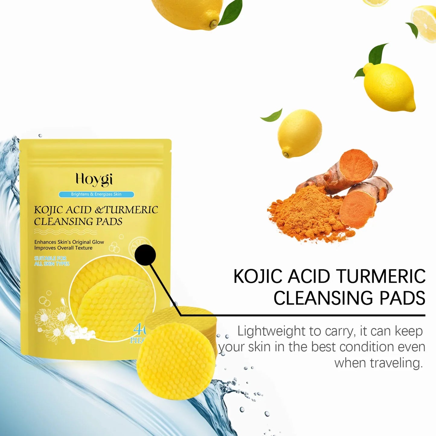 Turmeric & Kojic Acid Facial Cleansing Pads — Lemon Deep Cleanse, Brightening & Whitening Cotton Pads for Face Skincare