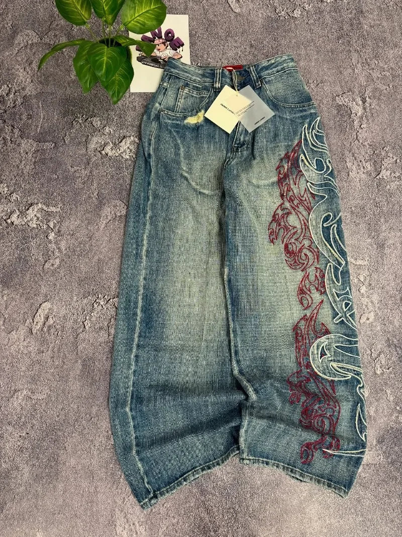 Y2K American Embroidered Baggy Jeans – Men’s Vintage Hip Hop Wide-Leg Casual Streetwear Pants