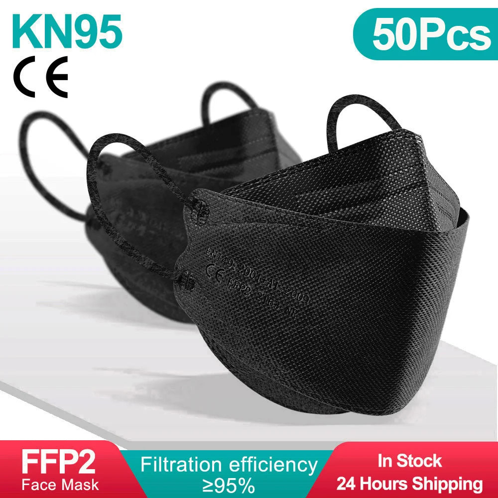 10-100PCS FFP2 Face Masks — CE Approved Disposable KN95 KF94 Black Fish Style Protective Masks