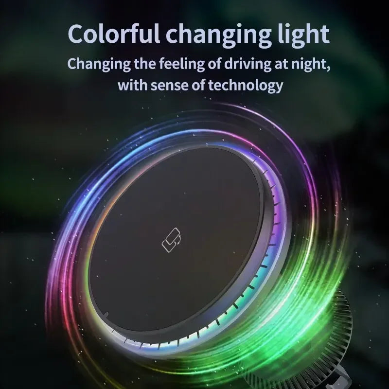 30W RGB Magnetic Car Wireless Charger – Fast Charging Stand Mount for iPhone 12-15 Pro Max, MagSafe Compatible