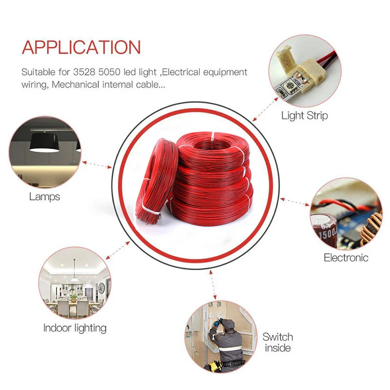 2-Pin Electrical Wire – Tinned Copper 18/20/22/24/26 AWG Insulated PVC Extension Cable for LED Strip, Red & Black