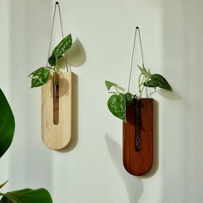 Wooden Hanging Planter Terrarium - Bohemian Wall Plant Vase with Wood Stand for Indoor Plant Propagation & Decor
