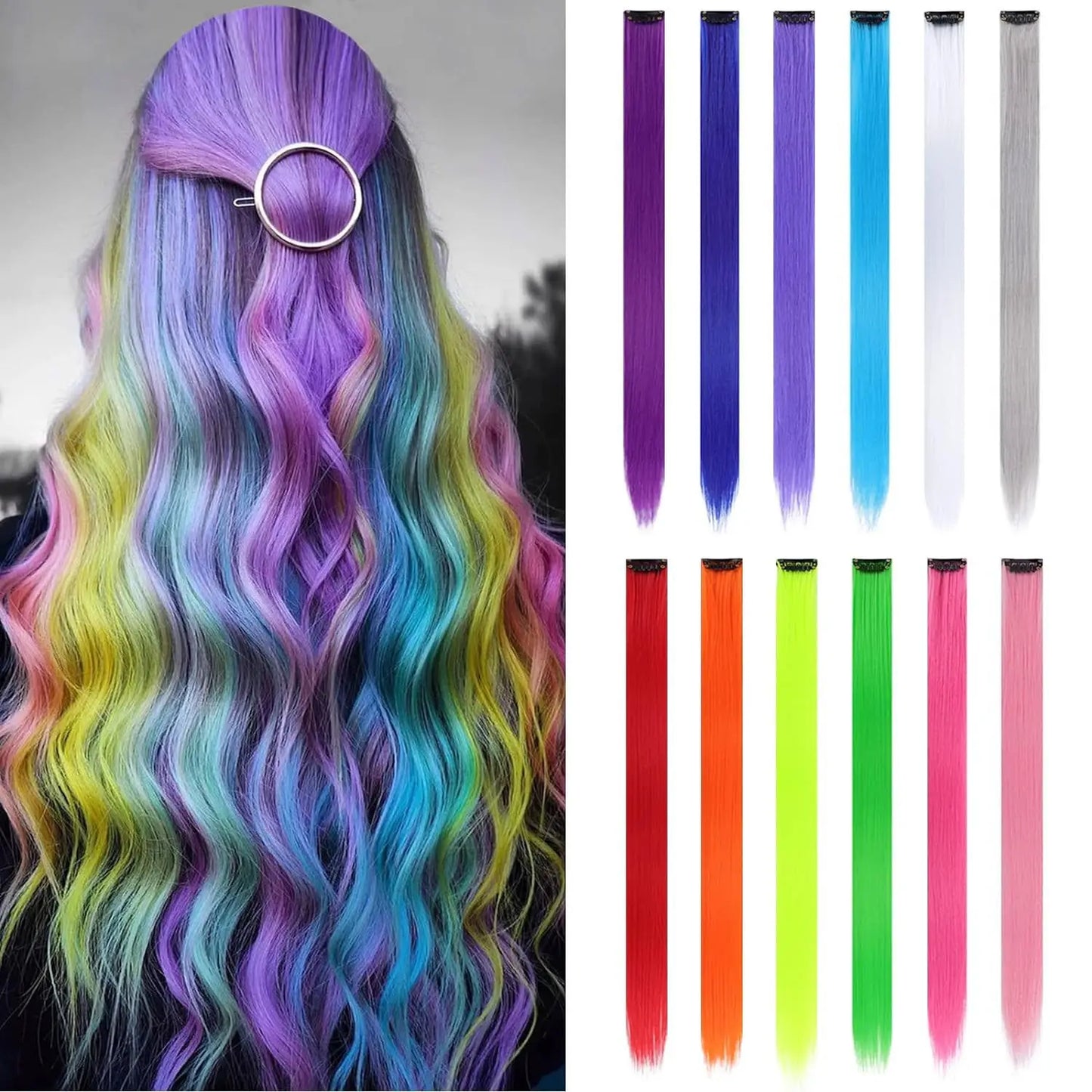 22-Inch Rainbow Highlight Synthetic Hair Extensions – Long Straight Colorful Hairpiece for Women & Kids