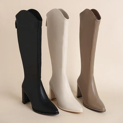 Plus Size 34-43 Women's Knee-High Boots – Zipper Thick High Heels for Autumn & Winter