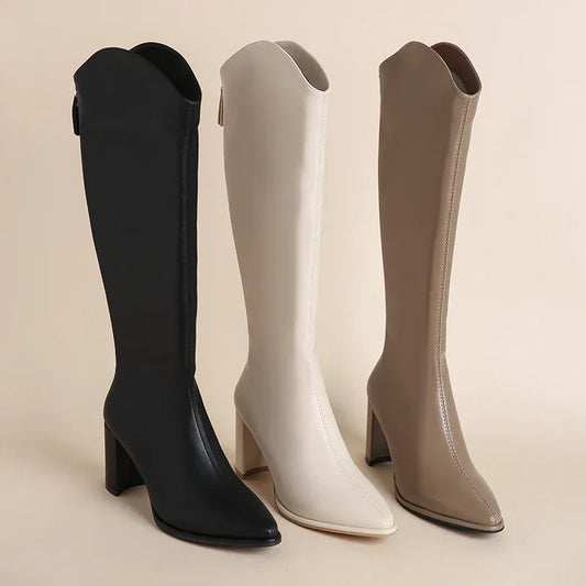 Plus Size 34-43 Women's Knee-High Boots – Zipper Thick High Heels for Autumn & Winter