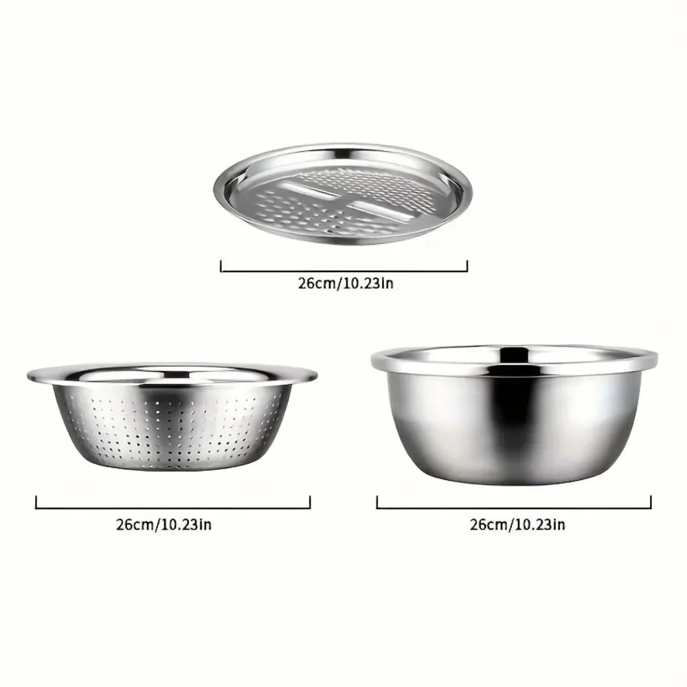 3-Piece Stainless Steel Mixing Bowl & Strainer Set – Multifunctional for Washing, Slicing & Prepping Fruits & Vegetables