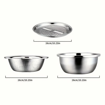 3-Piece Stainless Steel Mixing Bowl & Strainer Set – Multifunctional for Washing, Slicing & Prepping Fruits & Vegetables