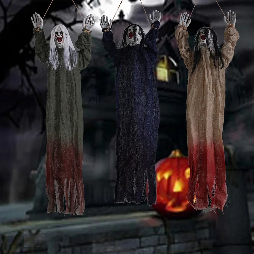 Halloween Hanging Ghost Decoration — Movable Skeleton Horror Prop with Long Hair for Haunted House and Bar 2025