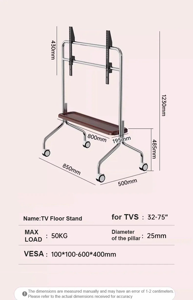 Rolling TV Stand on Wheels – Mobile Cart for 32–75in LCD & LED Flat/Curved TVs, Holds 110lbs, VESA 600x400mm