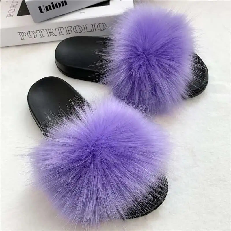 Summer Faux Fur Slippers for Women – Indoor Plush Furry Slides, Fluffy Flip Flops & Casual House Shoes