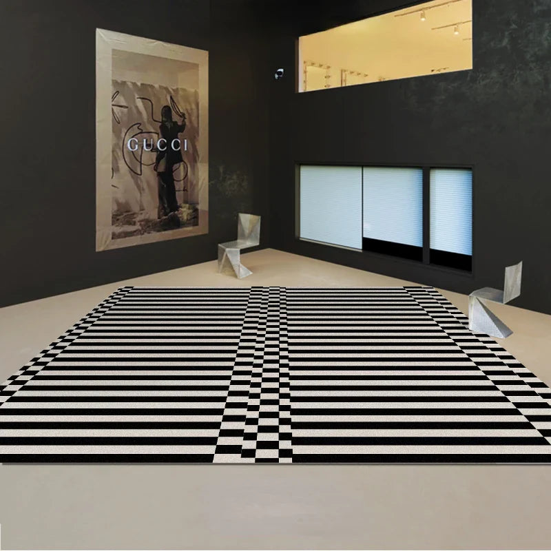 Light Luxury Black & White Plaid Rug — Fluffy Soft Carpet for Bedroom, Living Room, Study, and Home Decor