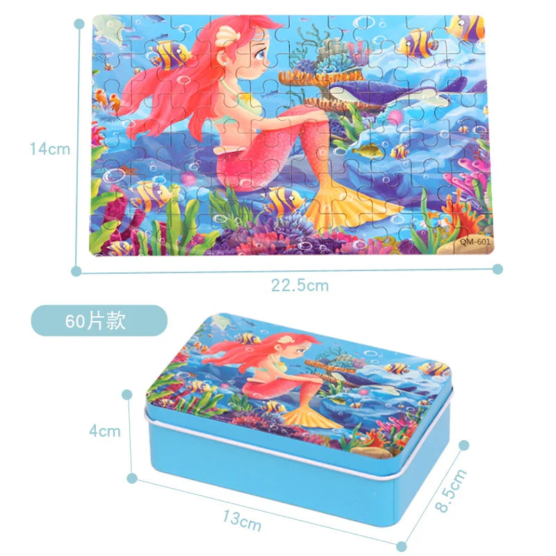 60PCS Cartoon Jigsaw Puzzle with Metal Box – Kids Educational Animal & Vehicle Puzzle Game
