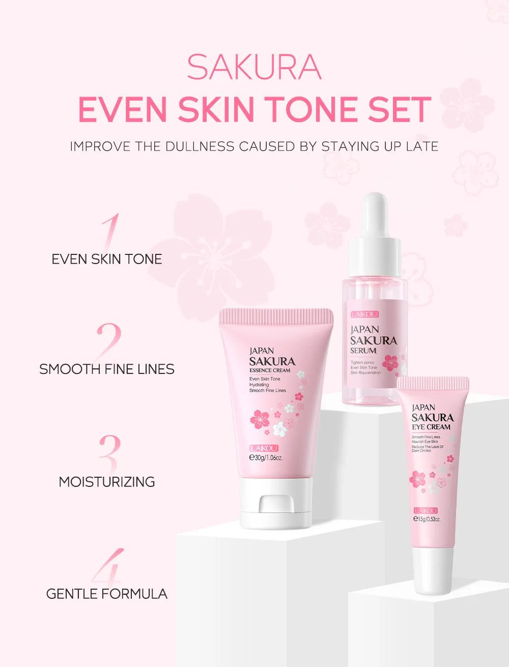 3pcs LAIKOU Vitamin C 24K Golden Sakura Skincare Set – Moisturizing Face Cream, Serum & Eye Cream