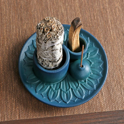 Ceramic Palo Santo Sticks Holder – 4 in 1 Incense Burner, Sage Holder & Ash Catcher Tray for Meditation & Yoga Room