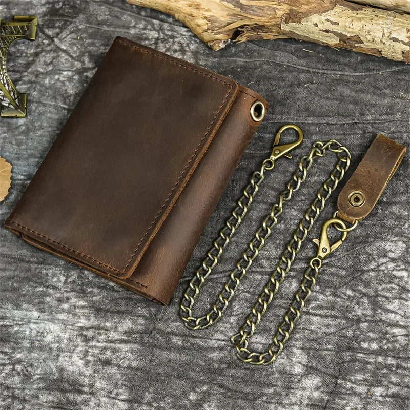 Men's Genuine Leather Short Wallet with Chain – Zipper Clutch, Trifold Purse, Card Holder & Coin Purse for Men