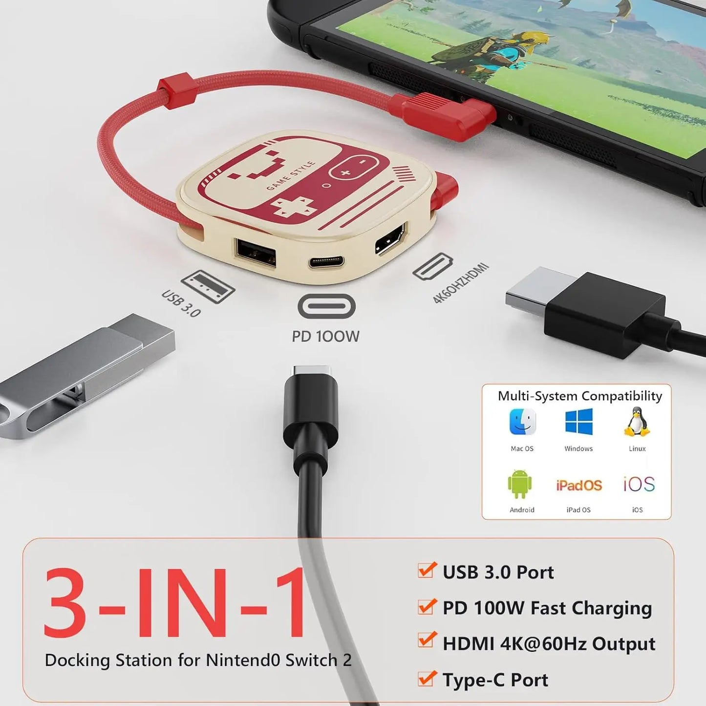 Switch 2 HDMI 4K@60Hz USB 3.0 100W PD – TV & Desktop Mode Adapter for Laptops, Tablets, Smartphones, Game Consoles