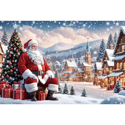 MOON.QG Christmas Santa Claus Village Backdrop – Holiday Photo Studio Background with Trees & Gifts for Home Decoration