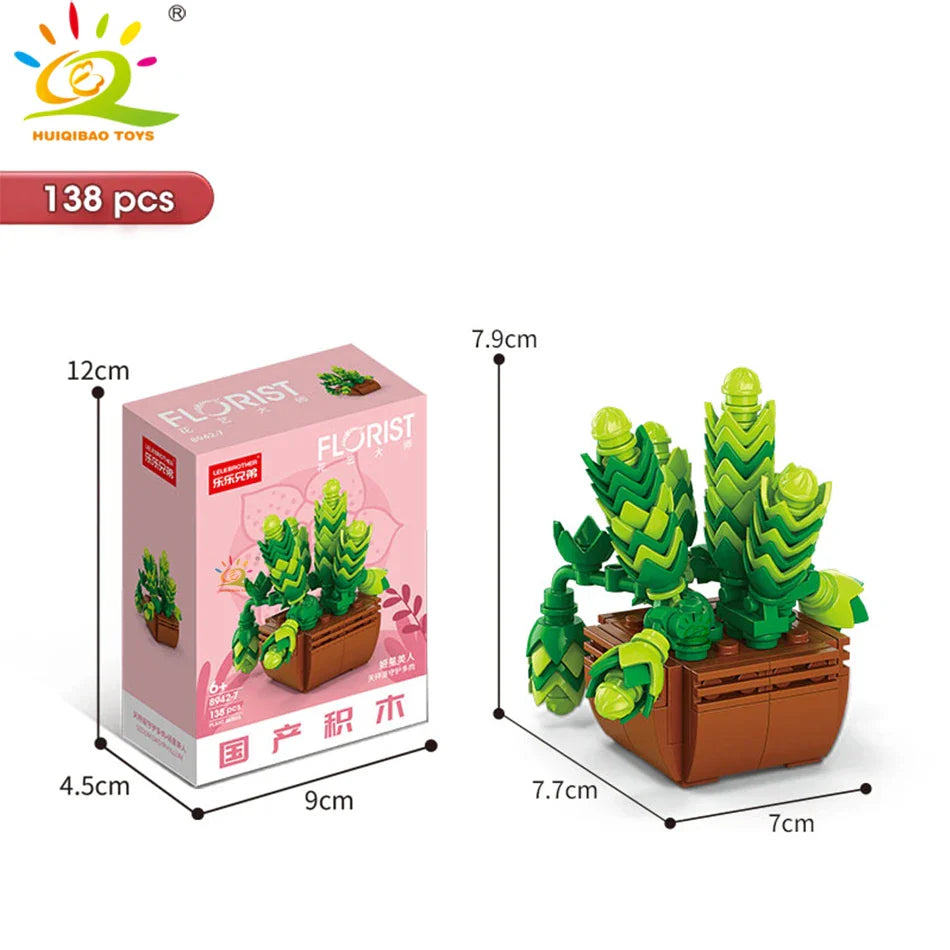 HUIQIBAO MOC Flower & Succulent Potted Building Block Set – DIY Eternal Bouquet, Home Desk Plant Decor, Girls & Kids Toy Gift