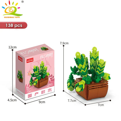HUIQIBAO MOC Flower & Succulent Potted Building Block Set – DIY Eternal Bouquet, Home Desk Plant Decor, Girls & Kids Toy Gift