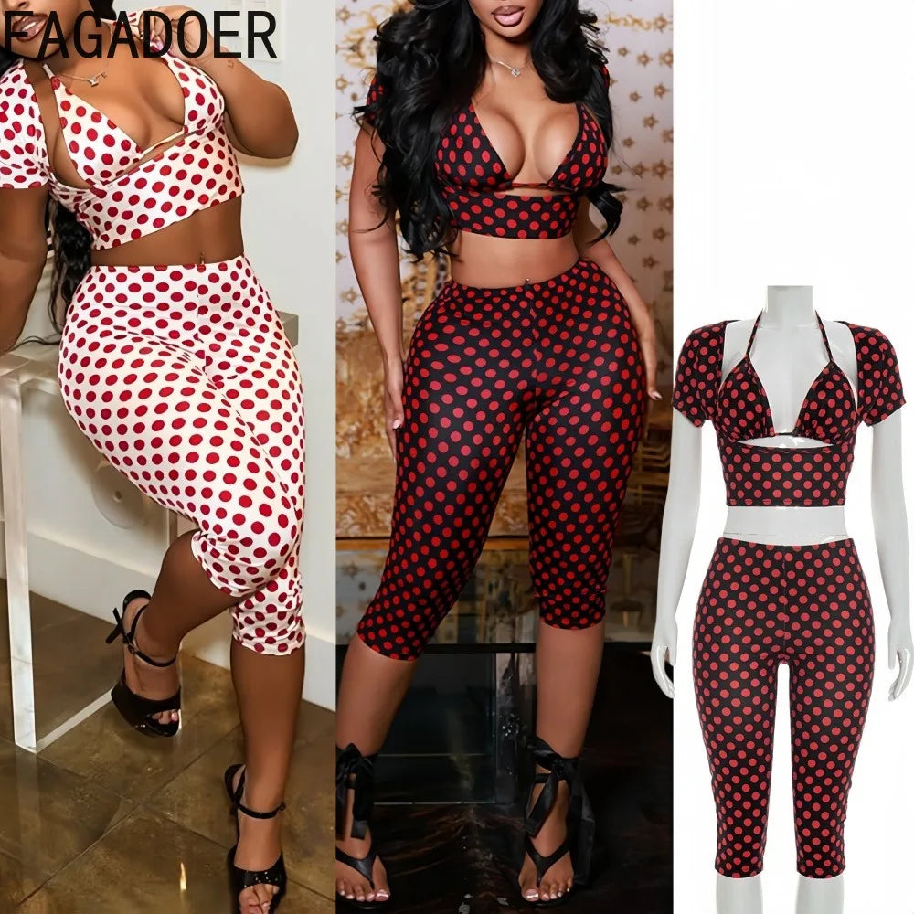 FAGADOER 3-Piece Polka Dot Women’s Outfit Set – Sexy Patchwork Crop Top, Short Sleeve Tee & Pants Streetwear Matching Fashion Set