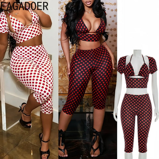 FAGADOER 3-Piece Polka Dot Women’s Outfit Set – Sexy Patchwork Crop Top, Short Sleeve Tee & Pants Streetwear Matching Fashion Set