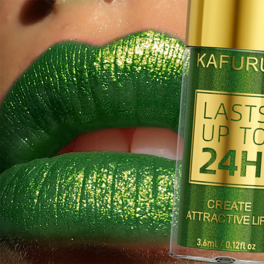 Green Glitter Lip Glaze – Waterproof, Long-Lasting Metallic Lip Gloss with Bold Pearlescent Tint Makeup