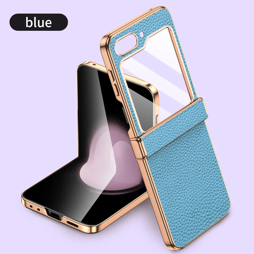 Cowhide Leather Samsung Galaxy Z Flip Case — Luxury Hinge Protection Cover with Tempered Glass for Flip 5/6/7