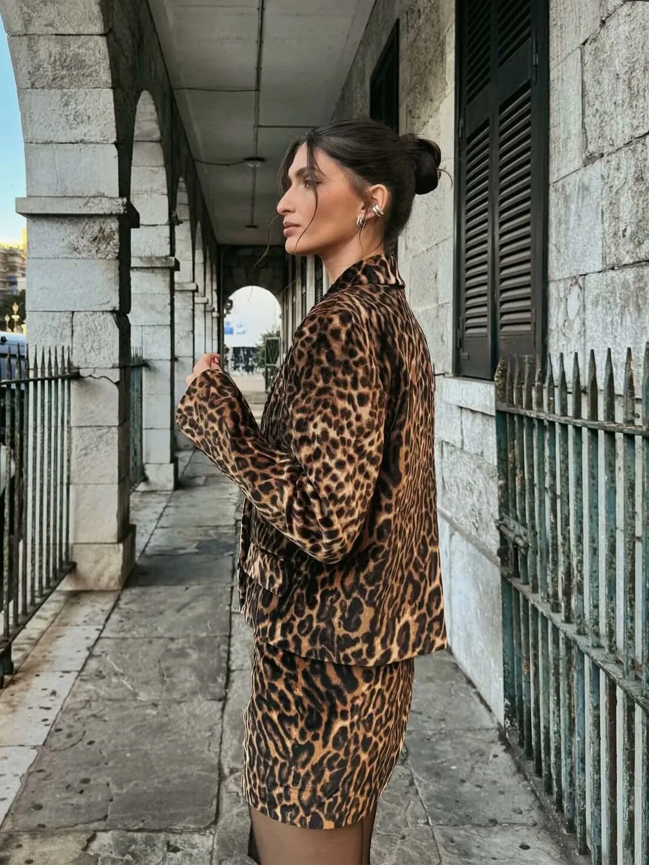 Women’s 2-Piece Leopard Print Skirt Suit – Long Sleeve Blazer Top & Mini Skirt Fashion Set