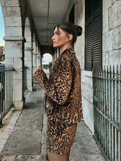 Women’s 2-Piece Leopard Print Skirt Suit – Long Sleeve Blazer Top & Mini Skirt Fashion Set
