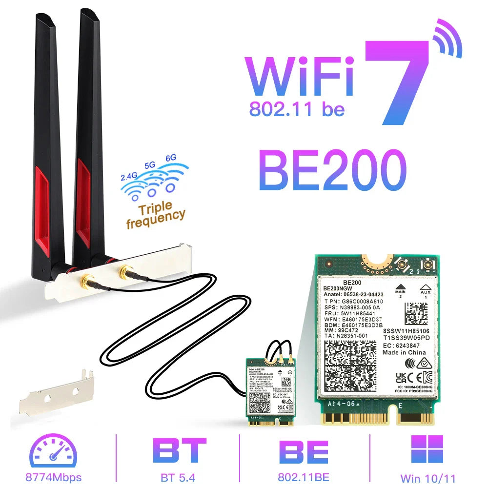 WiFi 7 Intel BE200 Wireless Network Card – Bluetooth 5.4 NGFF Adapter, 802.11AX 2.4G/5G/6GHz for Win10/11 PC