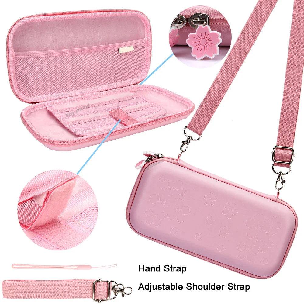 Pink Sakura Flower Shell Portable Carry Bag: For Switch OLED PU Waterproof Pouch Case Storage Cover Box for Nintendo Switch