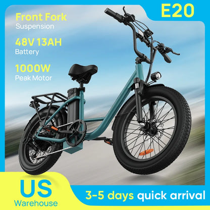 URLIFE E20 1000W Electric Bike – 48V 13Ah Removable Battery, 28MPH Fat Tire E-Bike with 7-Speed & Dual Disc Brakes