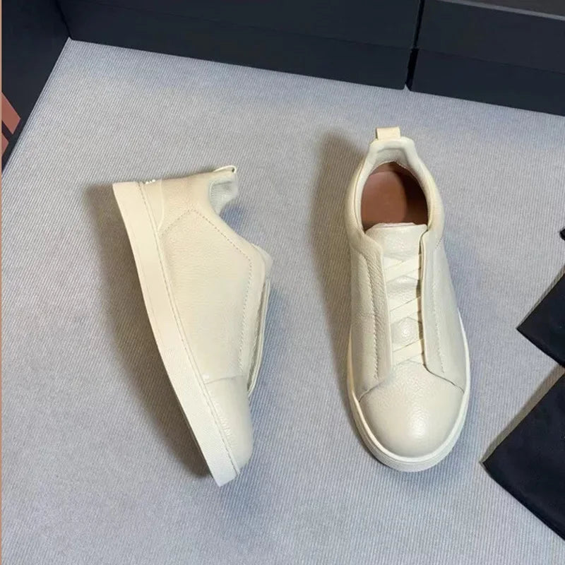 Men's Summer Casual Shoes — Top Layer Cow Leather, Breathable Luxury Deer Skin Slip-On Sneakers