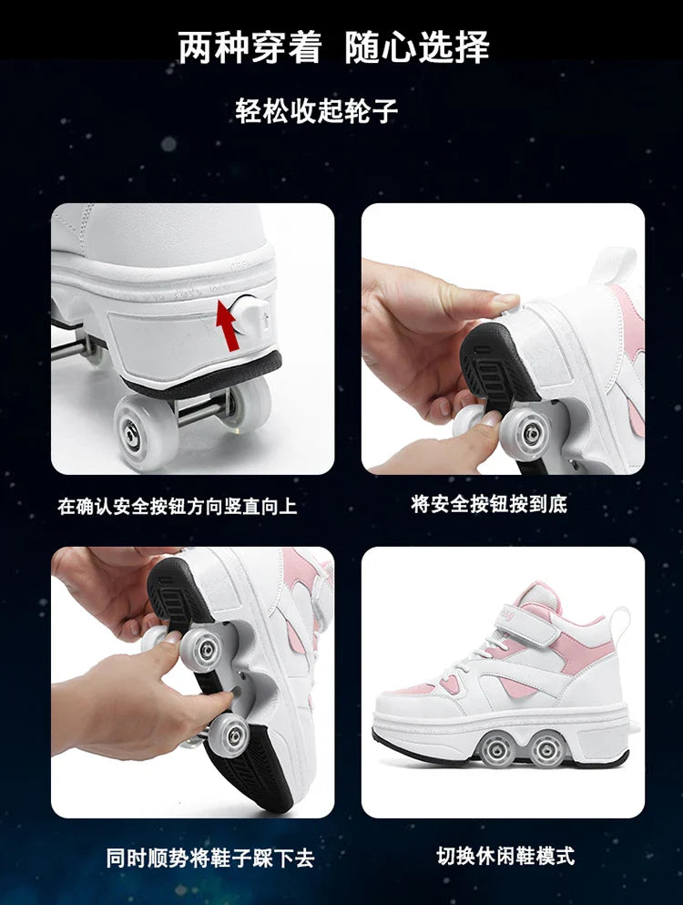 Women's High-Top 4-Wheel Roller Shoes – Fashionable Unisex Pop-Up Sneakers with Wheels, Dual-Purpose Skating & Casual Shoes
