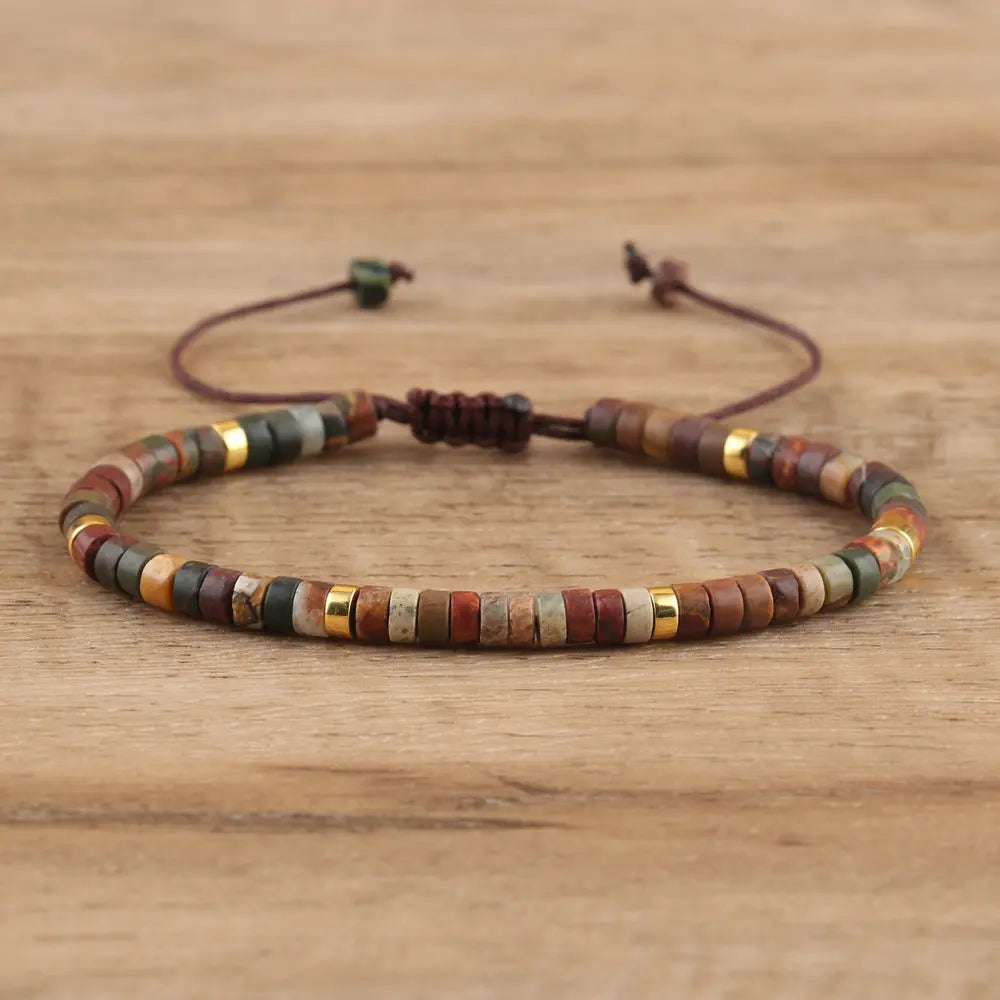 Natural Blue Emperor Stone Beaded Bracelet – Polished Block Beads, Adjustable Woven Rope Women’s Gift Jewelry