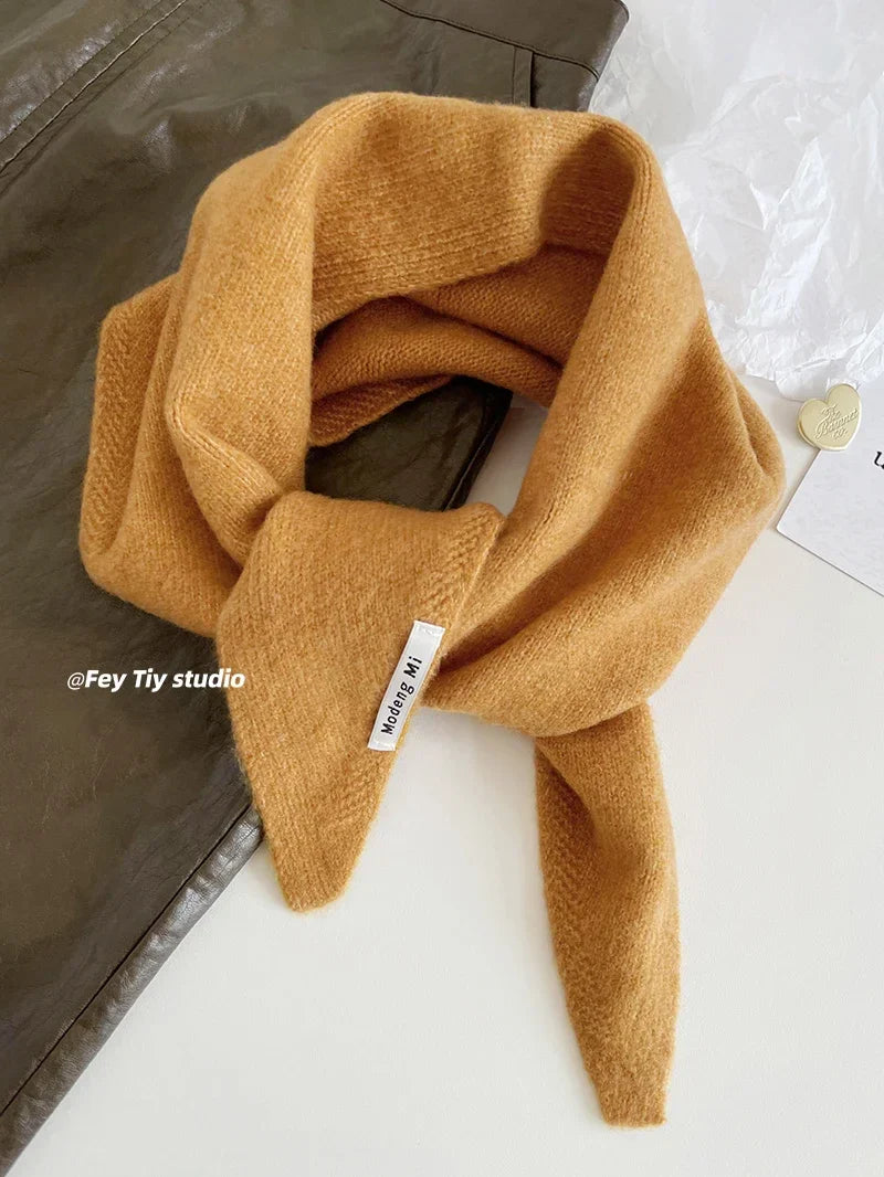 British Korean Style Wool Knitted Triangular Scarf – Multi-Functional Headscarf, Warm Knit Scarf for Women