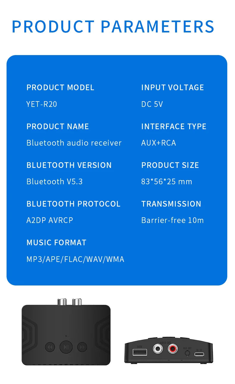 Bluetooth 5.3 Audio Receiver – 3.5mm AUX, RCA & USB Wireless Music Adapter for Car & Speaker