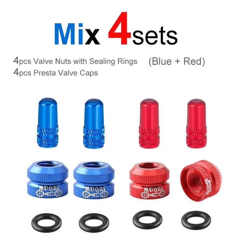 Bicycle Presta Valve Nut & Cap Set – Inner Tube Tire Nozzle Locking Screw with Sealing Ring Dust Protector