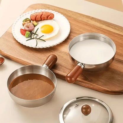 Stainless Steel Milk Pot - Heat-Resistant Wooden Handle, Non-Slip Base & Induction Compatible Design