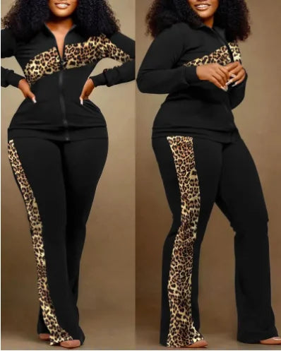 Women’s 2023 Autumn Two-Piece Set – Geometric Print Stand Collar Zip-Up Top & Casual Sporty Pants