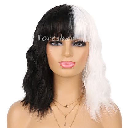 Synthetic Half Black Half White Bob Wig – Short Straight Wig with Bangs for Women, Cosplay & Party Wear