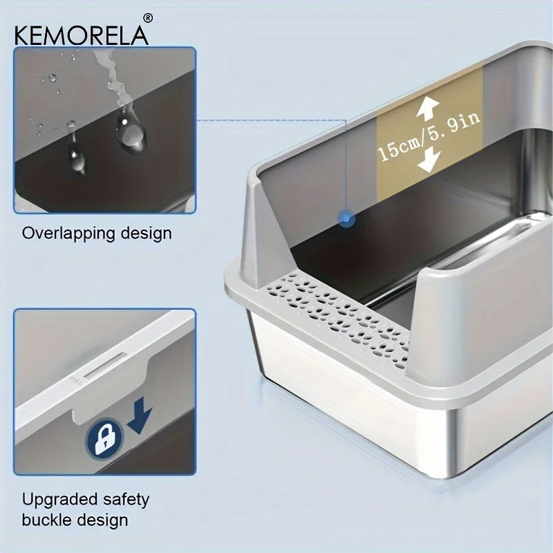 Super Large XL Stainless Steel Cat Litter Box with Lid – High Side Closed Design for Large & Small Cats, Includes Scoop