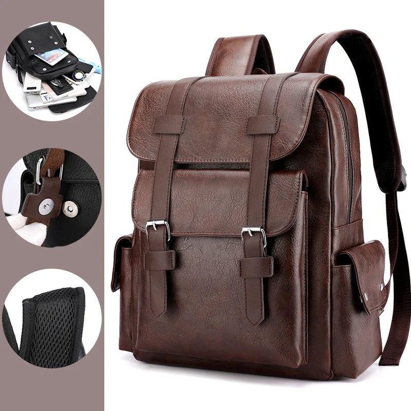 Men’s PU Leather Backpack - Large Laptop Bag Casual School Travel Backpack for Teen Boys