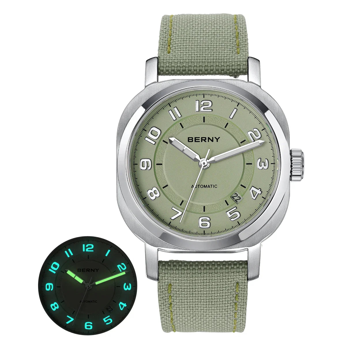 BERNY Women’s Mechanical Watch — Self-Wind Pillow Cushion Design with Sapphire Crystal, Super Luminous Display, Canvas Strap, and Calendar Function