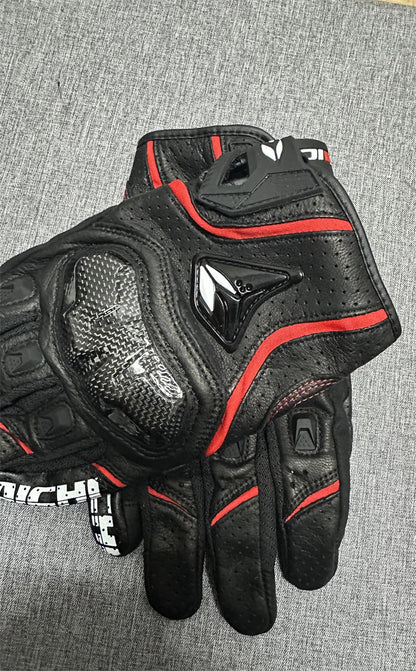 Motorcycle Gloves – Black Racing Genuine Leather, White Road Riding Team Gloves for Men, Summer & Winter with Touch Screen Compatibility