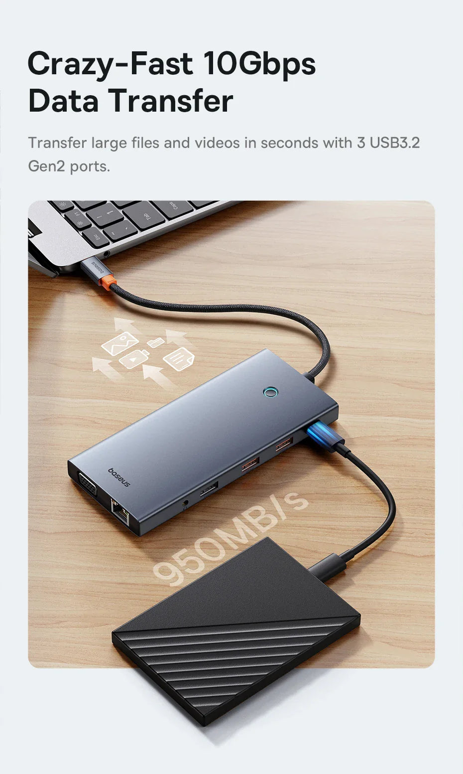 Baseus 13-in-1 USB-C Hub – HDMI, DP 4K 60Hz, RJ45, VGA, PD 100W, USB-A Adapter for MacBook & PC